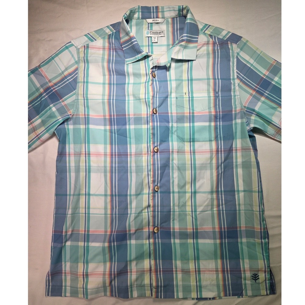 Coolibar Mens Large UPF 50+ Plaid Short Sleeve Button Down Sun Shirt Blue Green